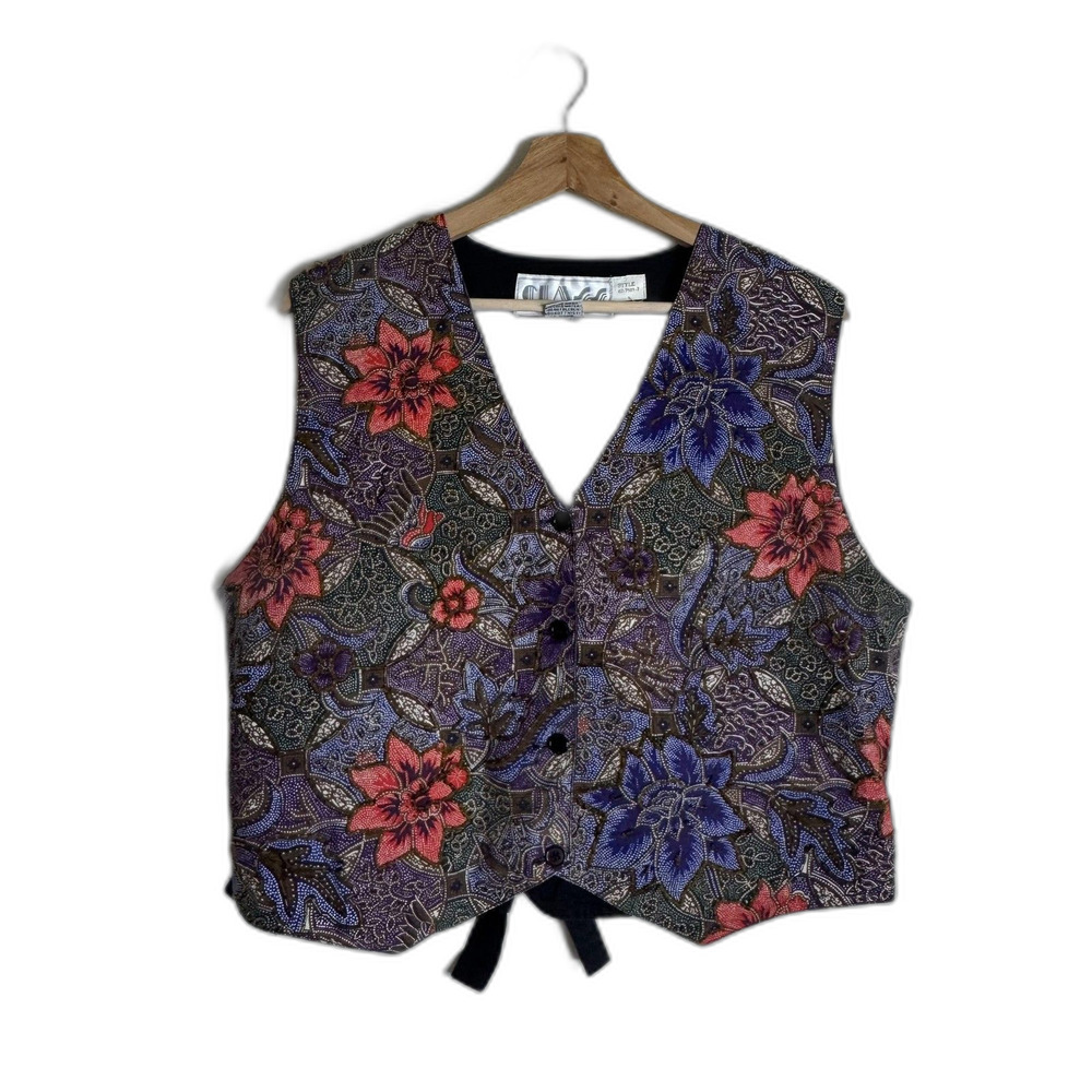 vtg Class by Just Class Vest Womens Large Multicolor Floral Batik Beaded Button
